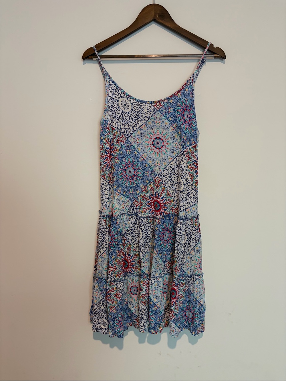 Melissa Paige Petite PM Blue Tile Print Tiered Sundress Boho Coastal